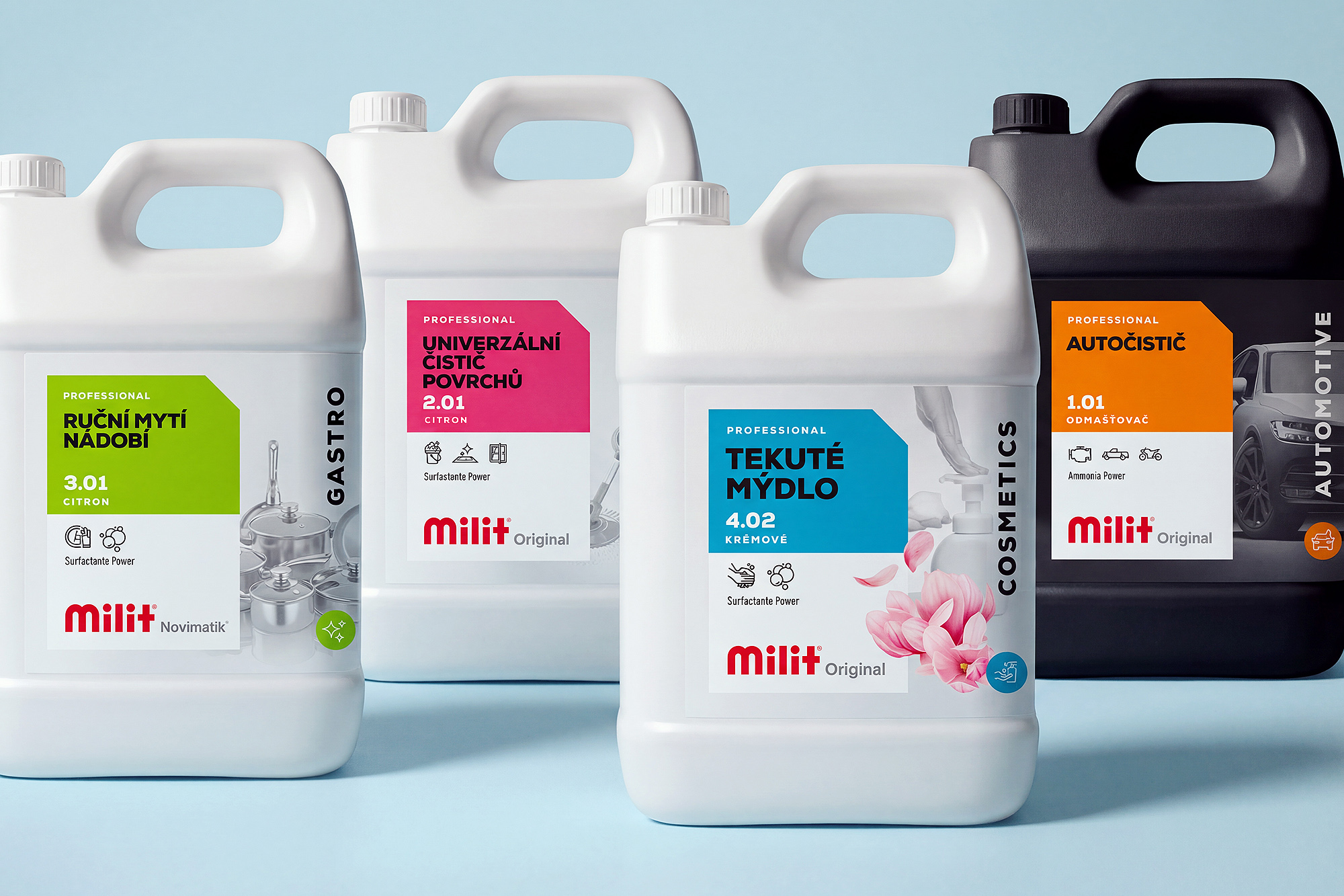 Milit cleaning liquid products canisters labels packaging