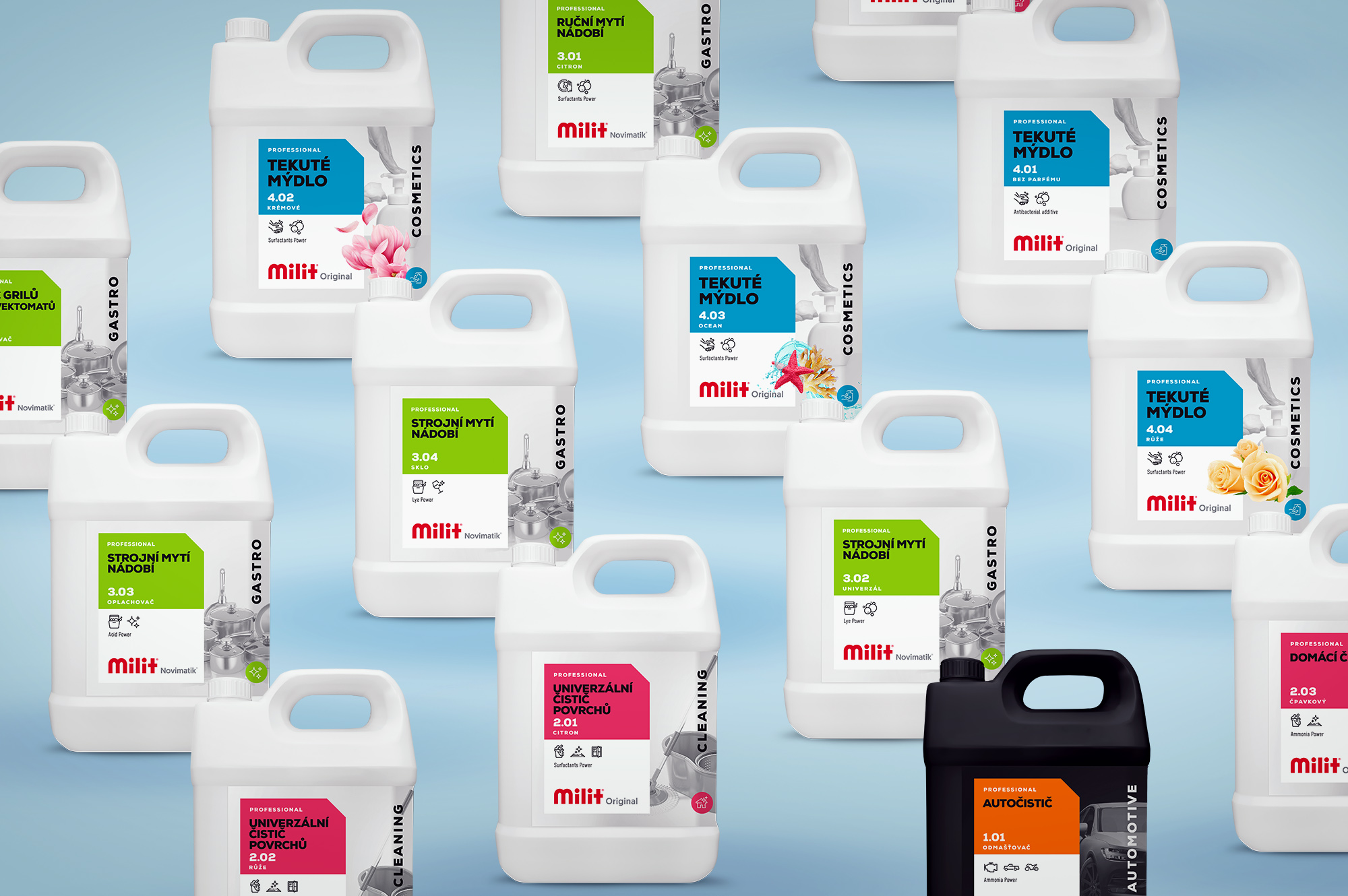 Milit cleaning liquid products canisters labels packaging