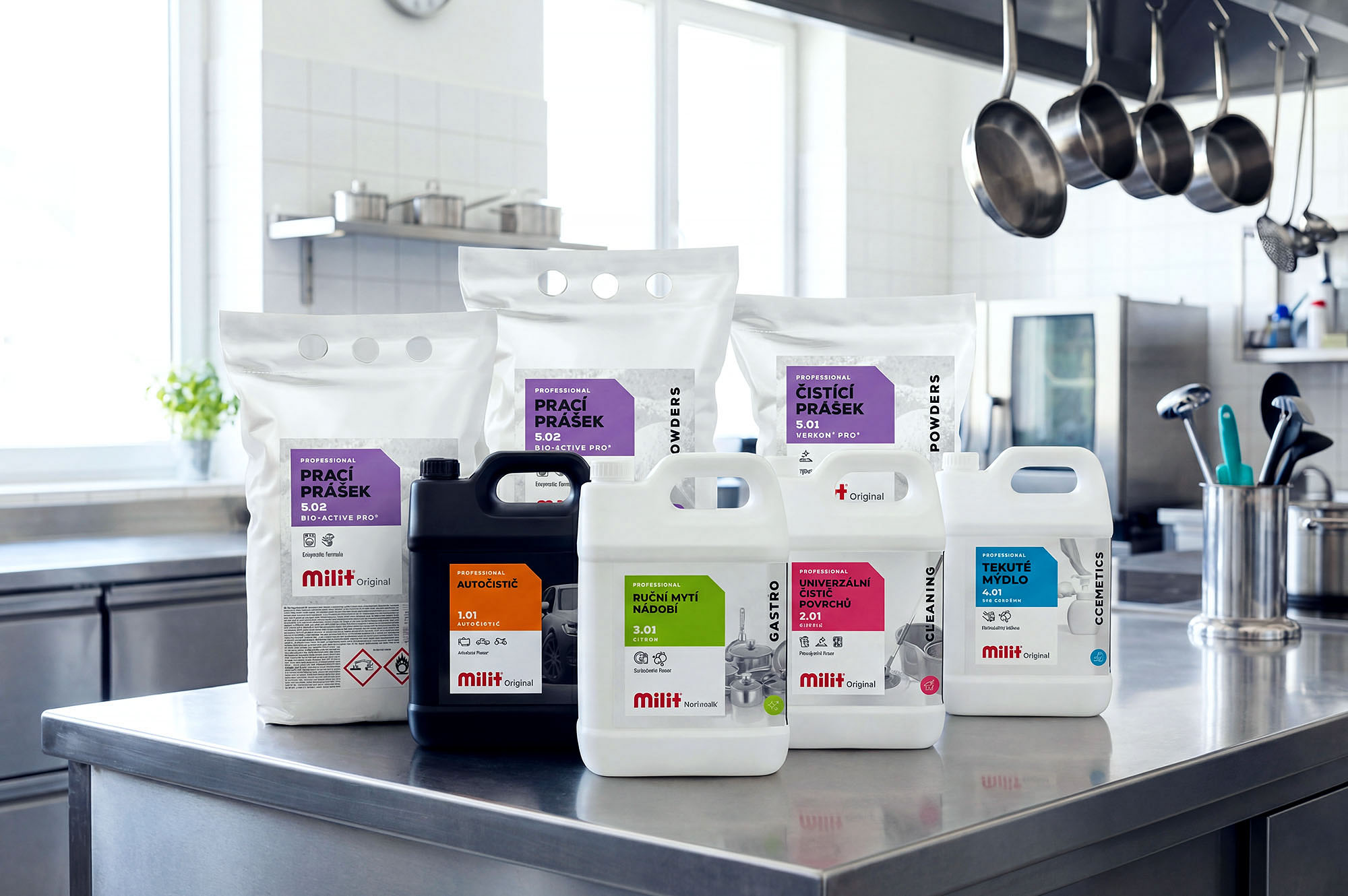 Milit cleaning liquid products canisters labels packaging