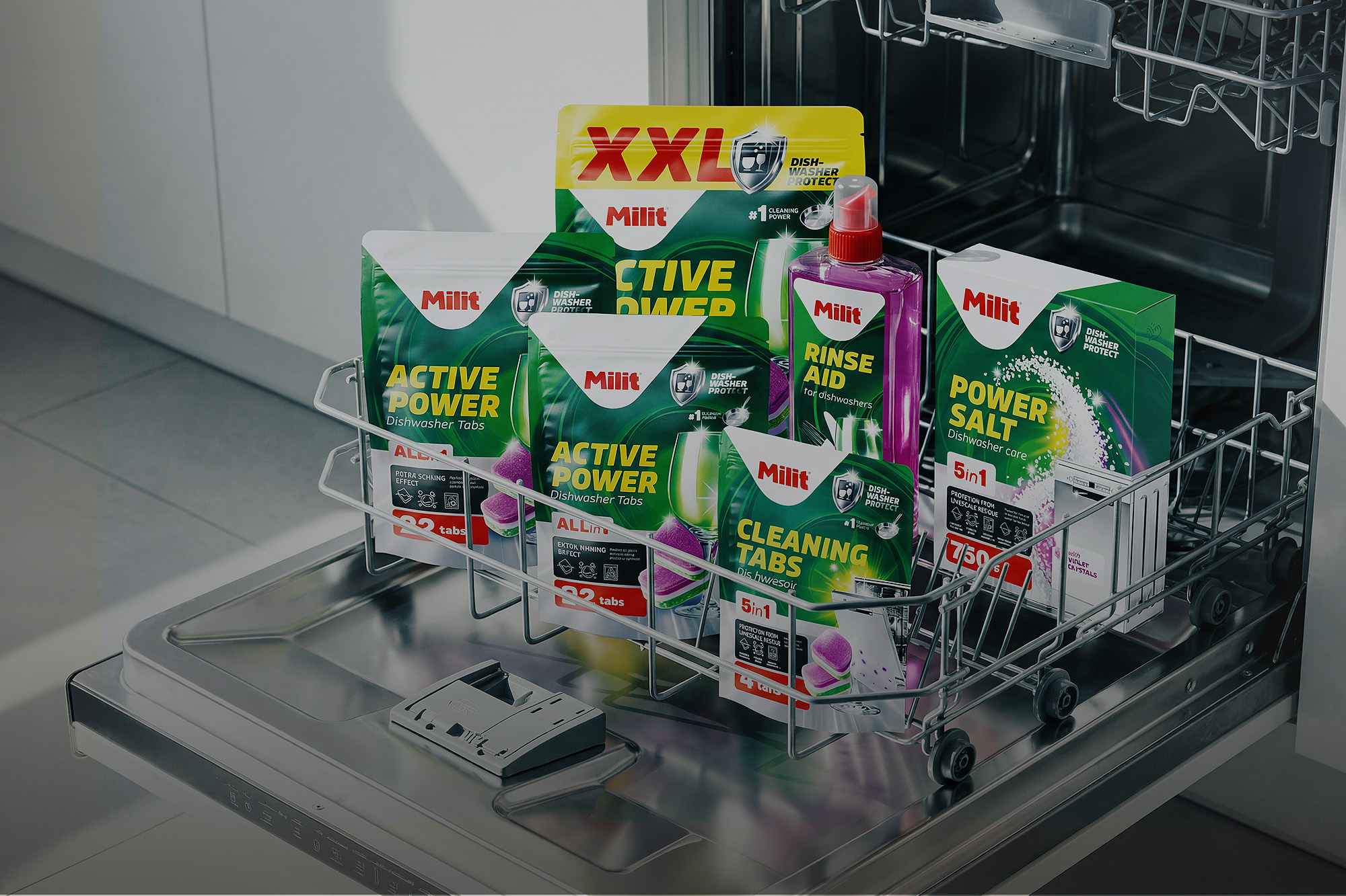 Milit washing machine tablets power salt shine modern packaging