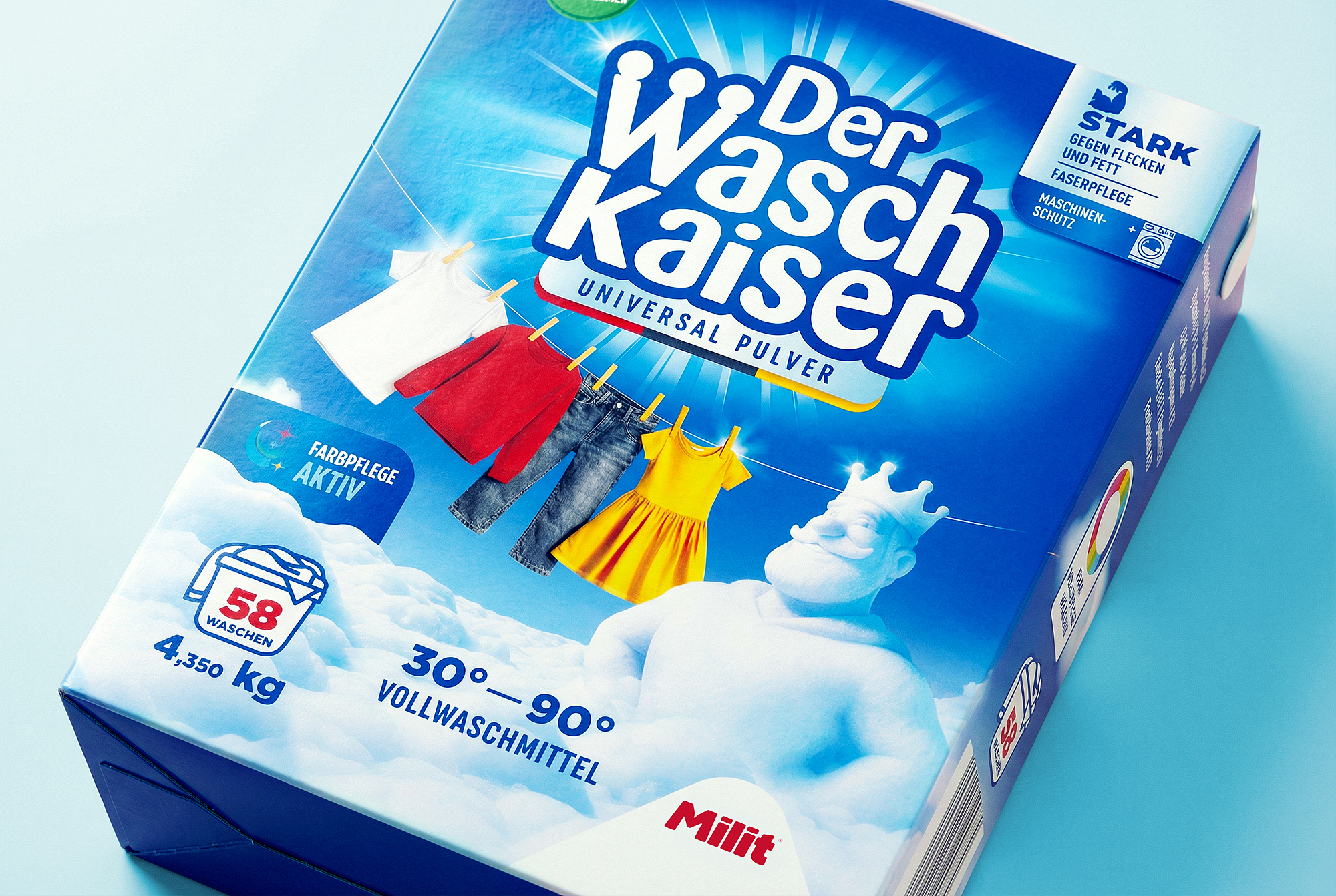 Branding a packaging design pracích práškov a gélov DerWaschKeiser pre nemecký trh