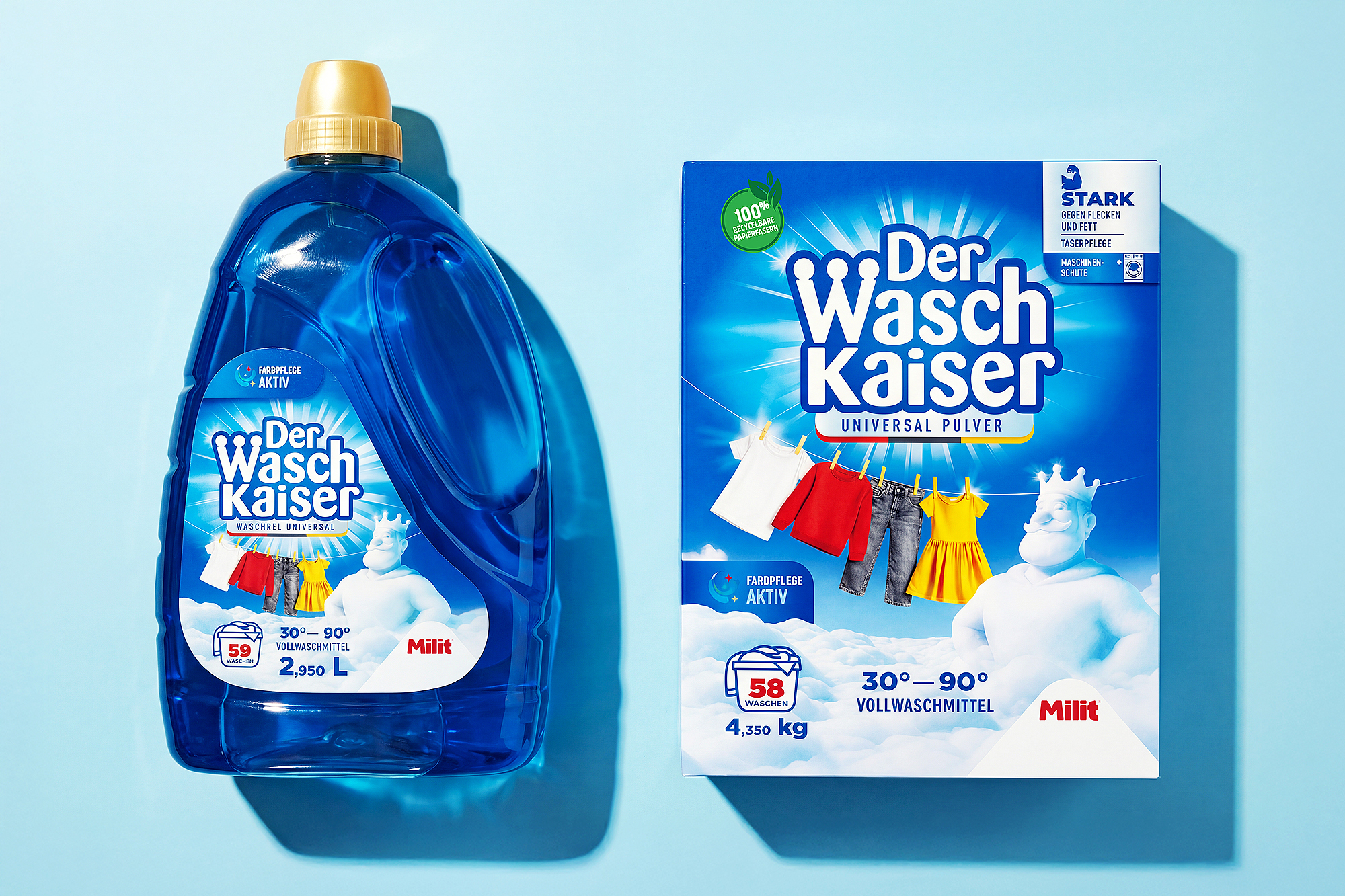 Branding a packaging design pracích práškov a gélov DerWaschKeiser pre nemecký trh